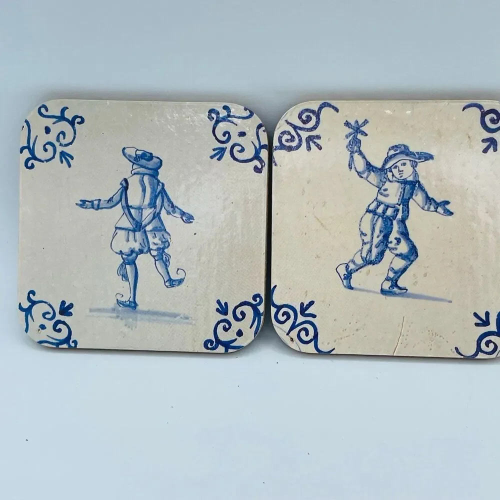 Vintage Delft Blue Cork Backed Coasters Set of 6 Dutch Windmill Sailboat